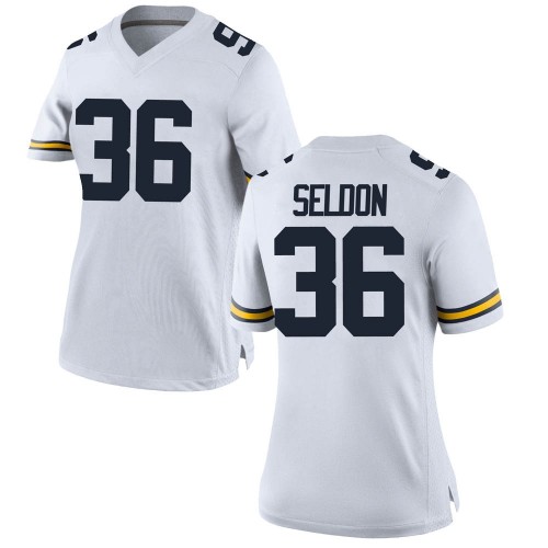Andre Seldon Michigan Wolverines Women's NCAA #36 White Replica Brand Jordan College Stitched Football Jersey TAC1654SI